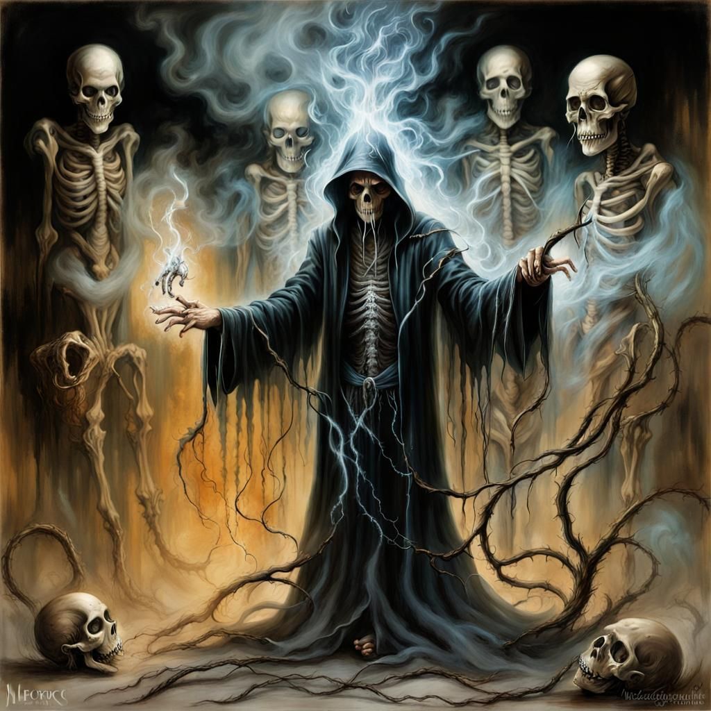 Wizard Summons Skeletons: Oil Painting in Luis Royo Style