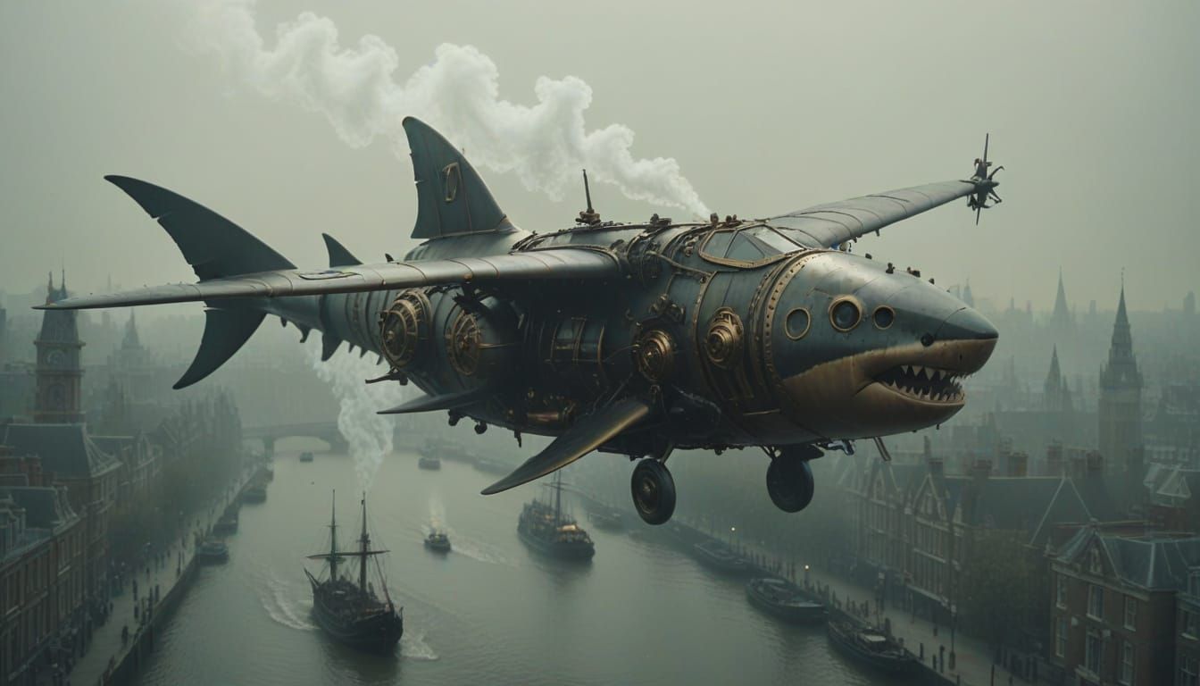 Steampunk Shark Aircraft Over Victorian London