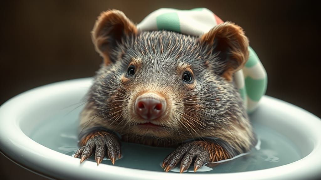 A wombat in a bath hat II