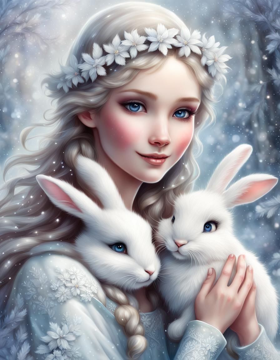 Snow Fairy with Rabbit in Winter Garden