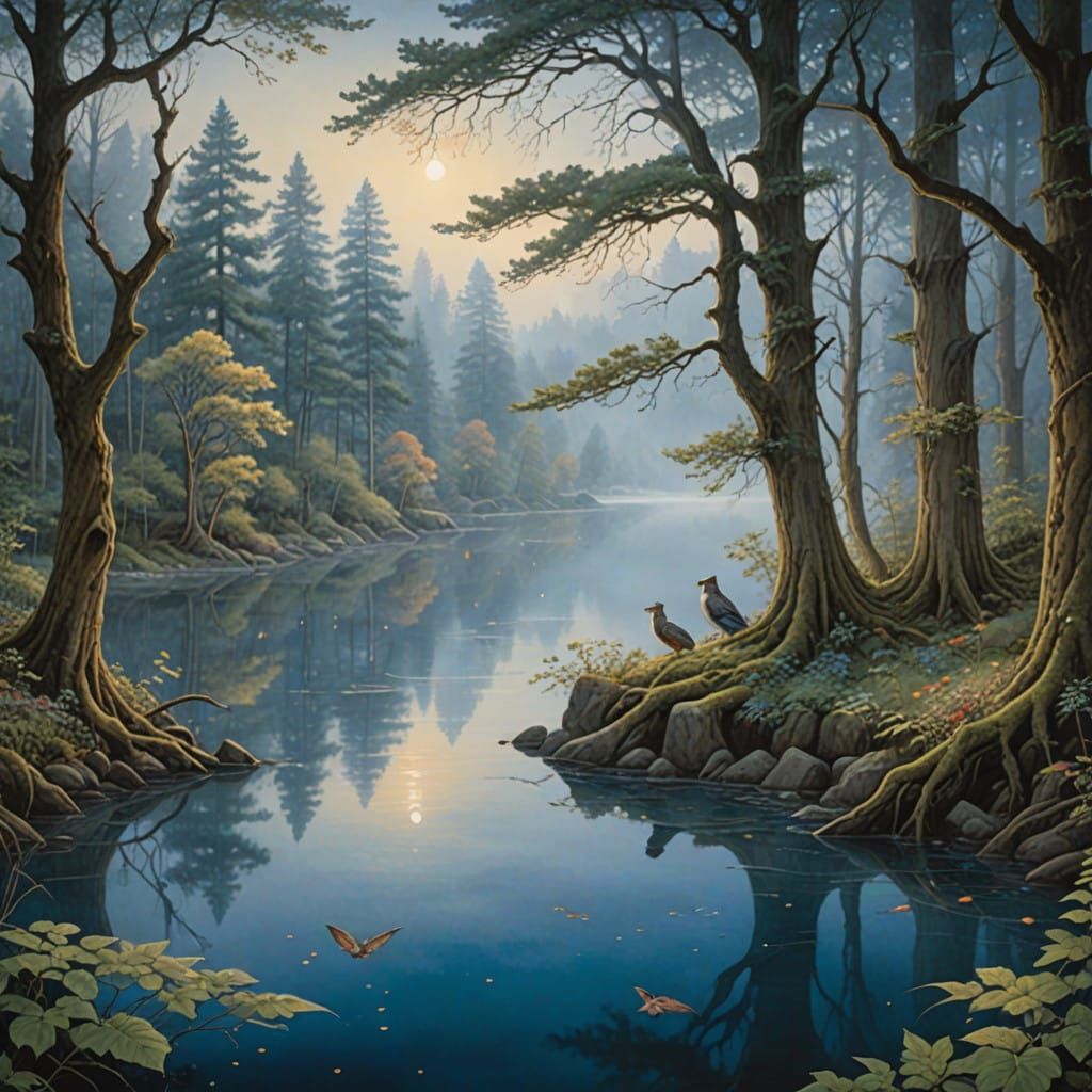 Ethereal Lake of Ancestral Spirits in Dreamy Forest Landscap...