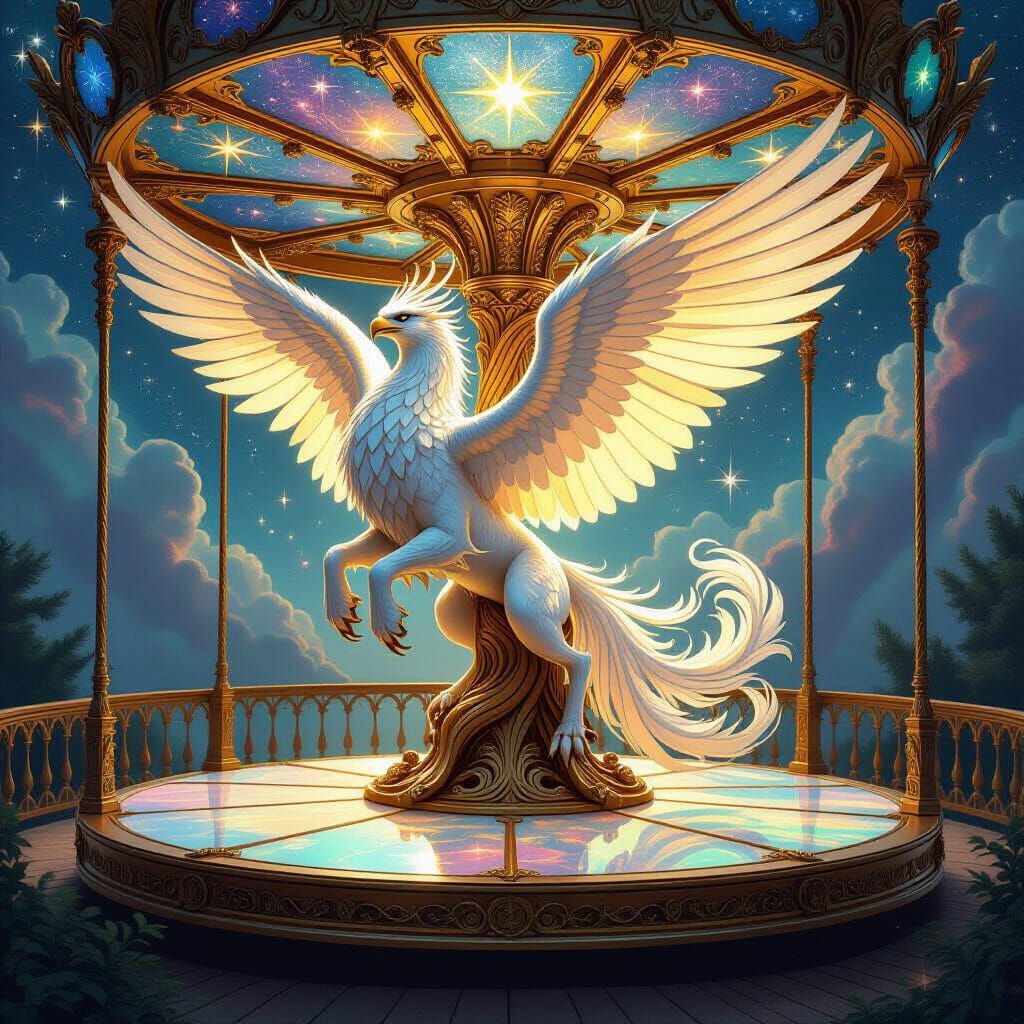 Wooden Griffin on Celestial Carousel in Art Nouveau Style