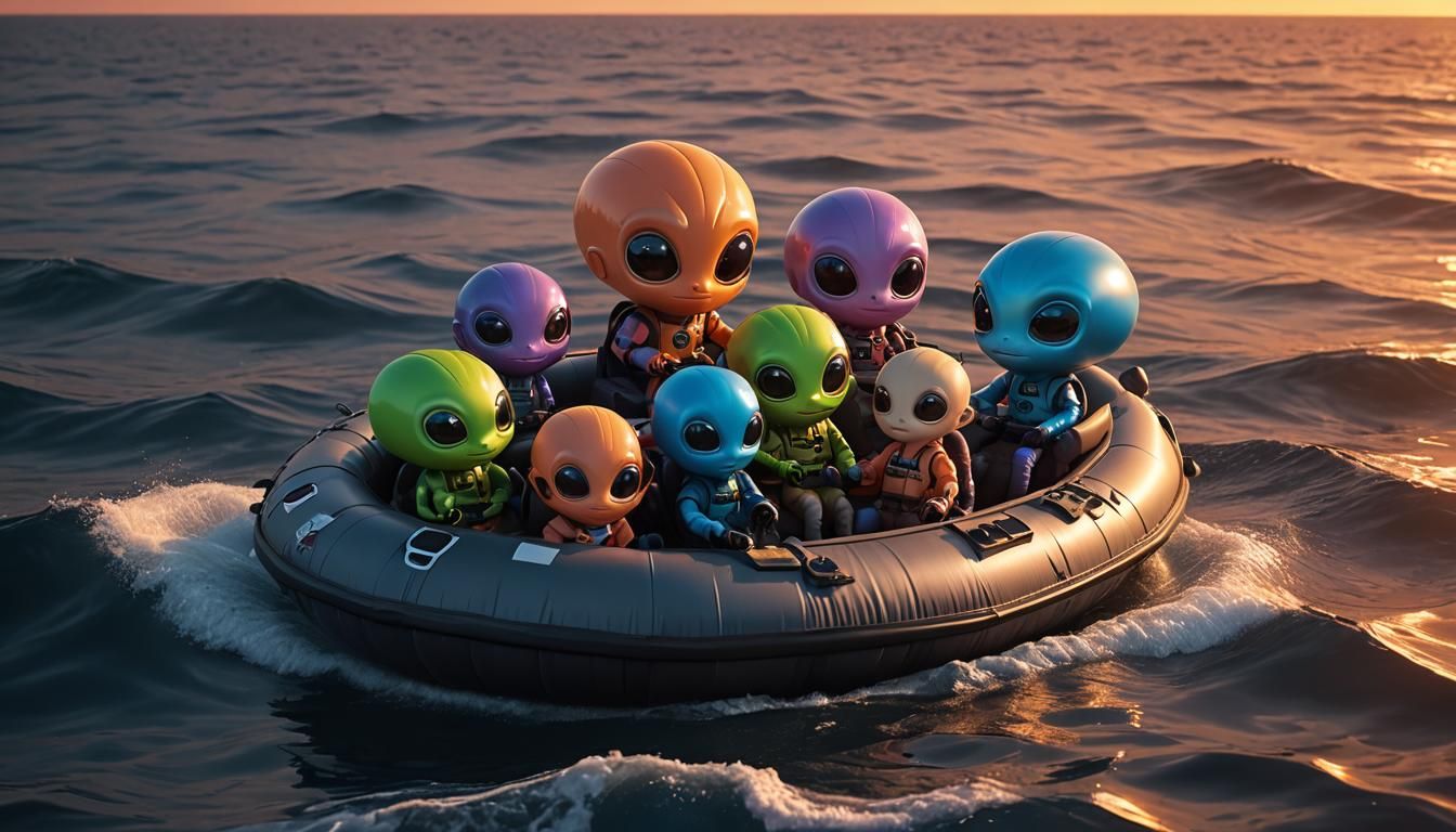 Cute Aliens in Lifeboat at Sunset