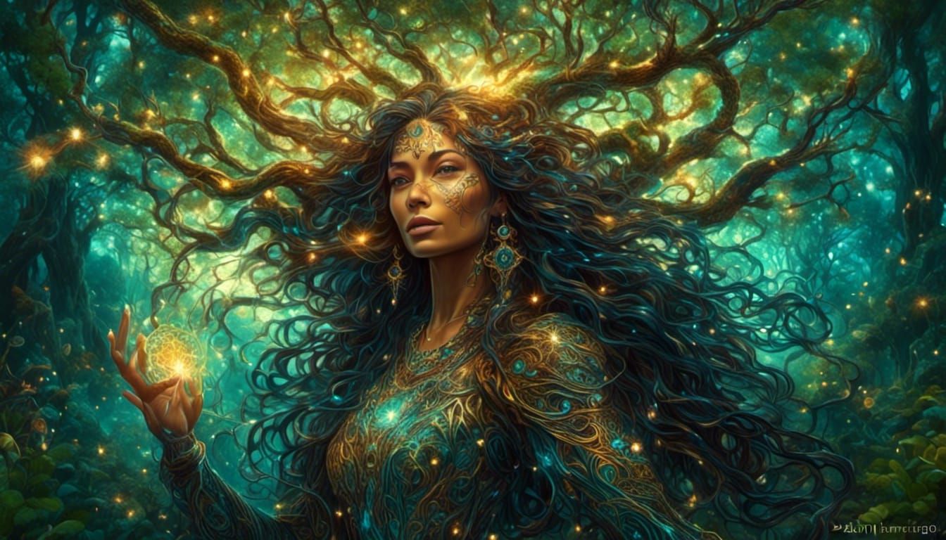 Magical Forest Sorceress Casting Spell in Cosmic Art