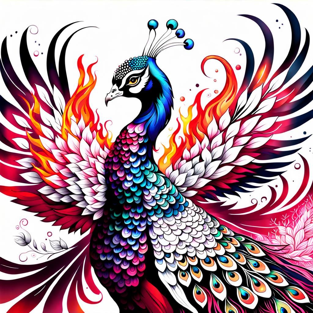 Stunning Phoenix Peacock Embodied in Radiant Oriental Floral...