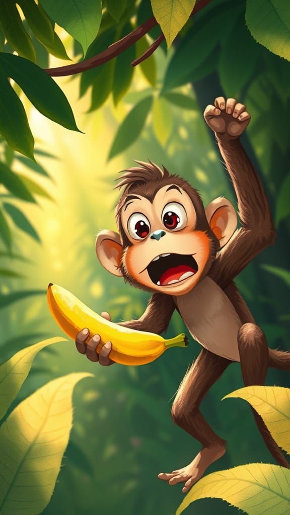 Surprised Monkey Drops Banana in Whimsical Jungle Illustrati...