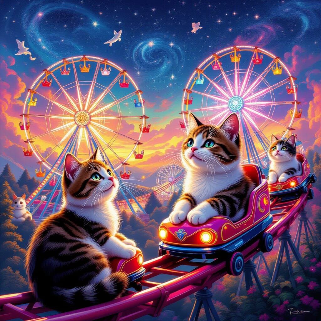 Cat Amusement Park in Dreamy Painterly Style