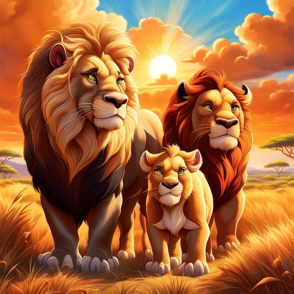 Simba, Pumba, and Mufasa in the Savannah