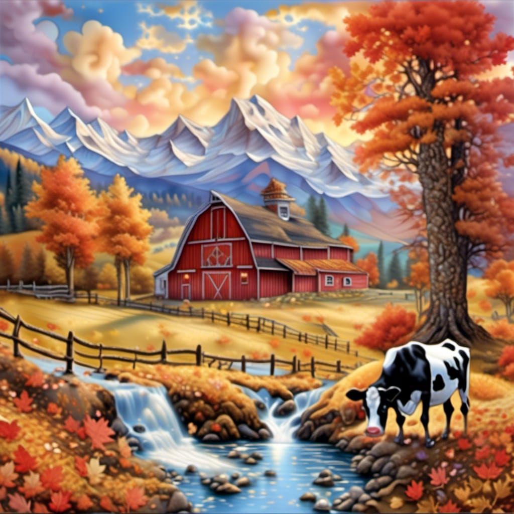 Autumn Sunset with Cows in Metallic Watercolor Art