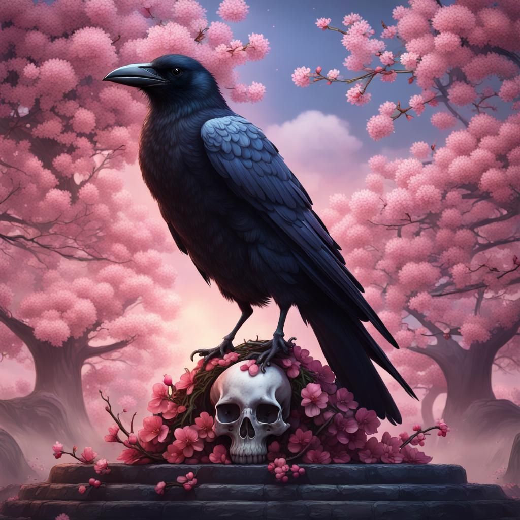 Crow and Skull with Cherry Blossoms: Matte Painting