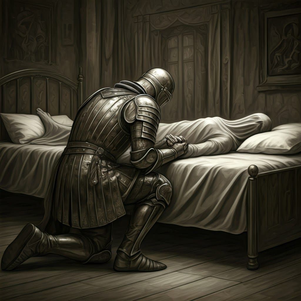 Knight Kneeling in Sad Fantasy Charcoal Drawing