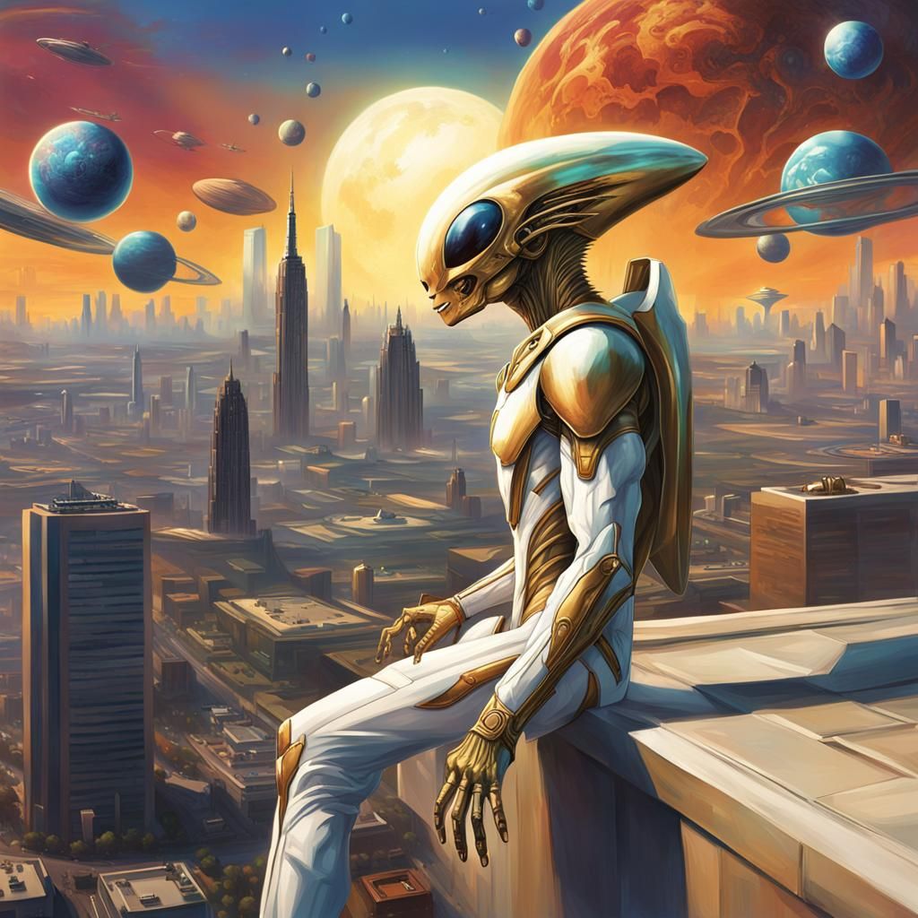 Muscular Alien Observes Advanced Cityscape
