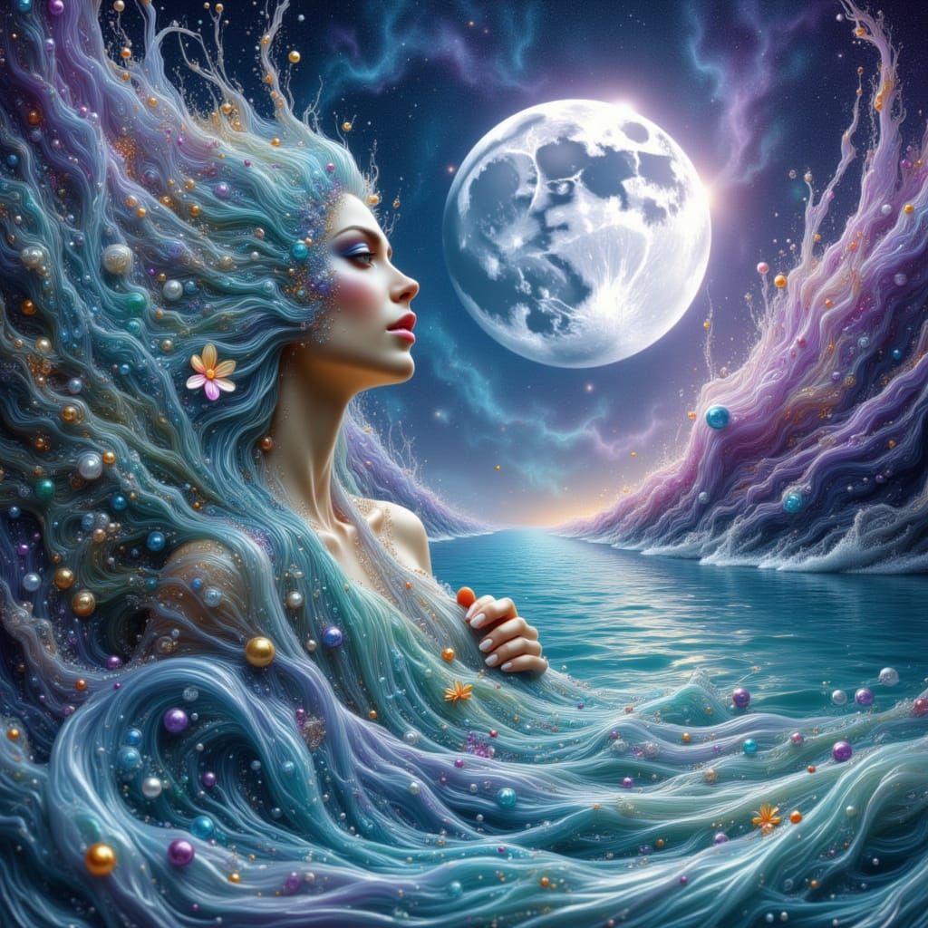 Woman in Liquid Silver Cloak Watches Liquid Moon