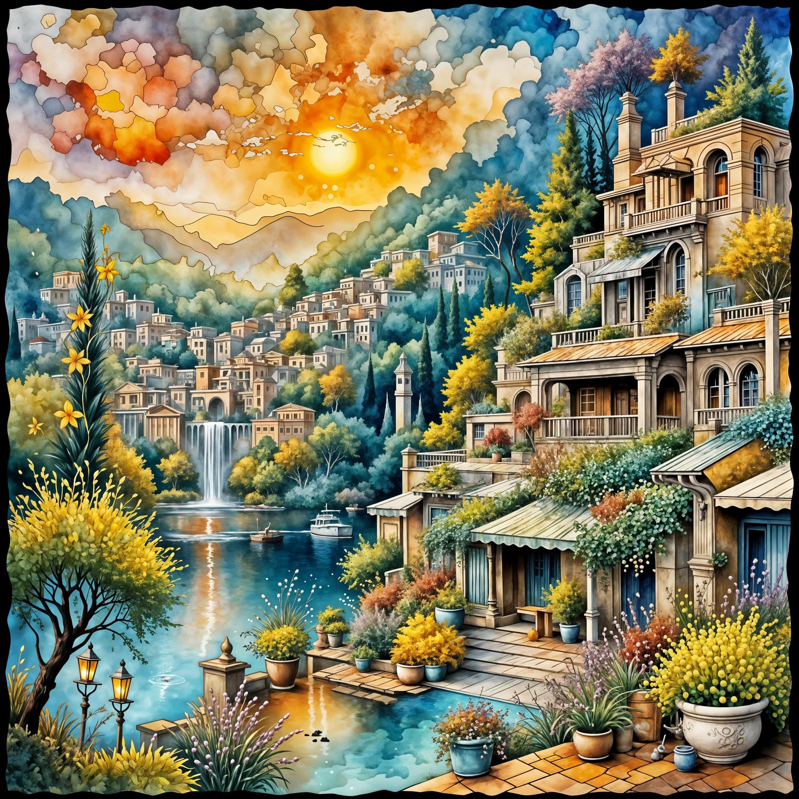 Art Nouveau Cityscape with Abstract Geometric Background