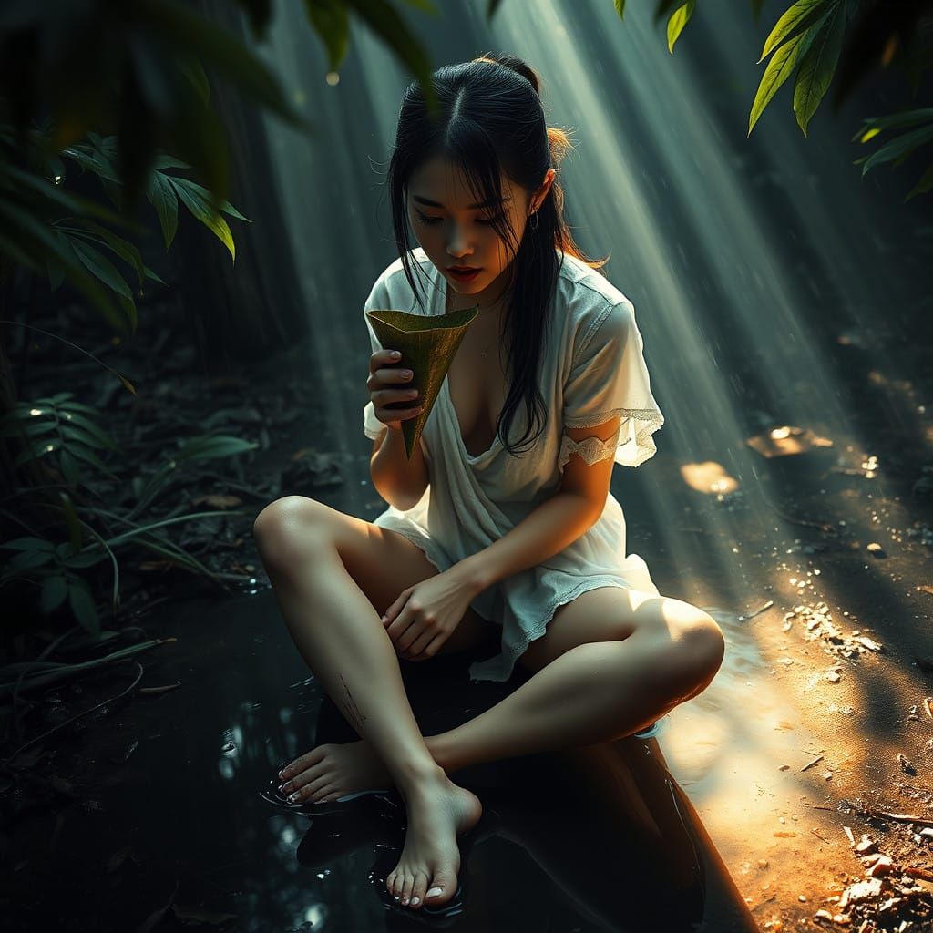 Vulnerable Chinese Woman in Mystical Forest Terrain