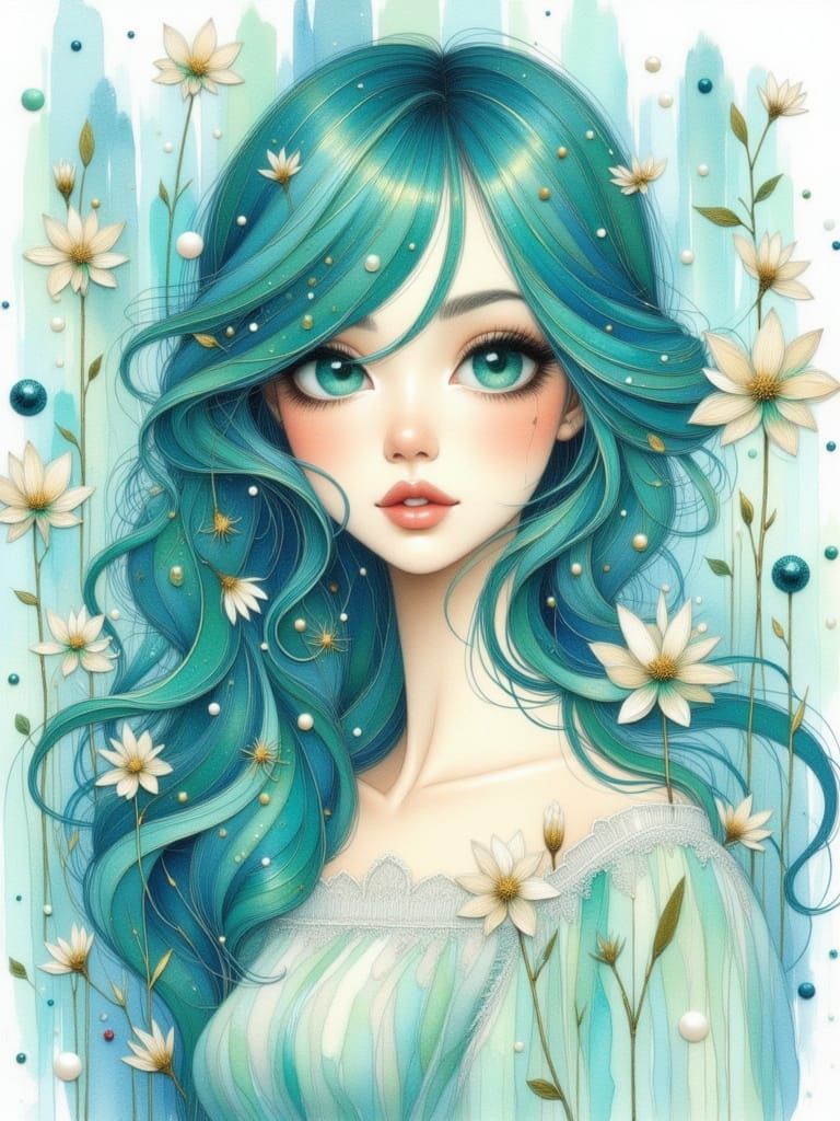 Woman with Teal Hair and Turquoise Eyes in Watercolor Sketch