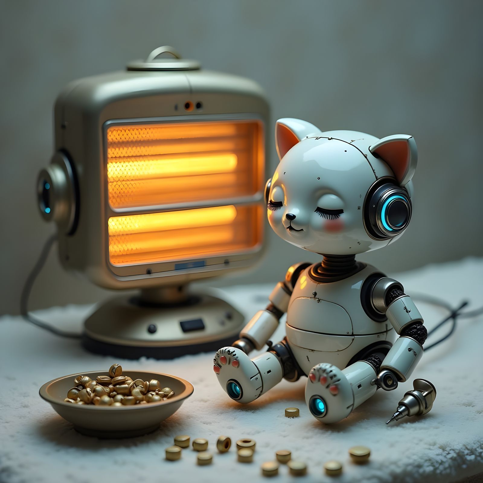 Surreal Robot Cat Asleep in Futuristic Space Station