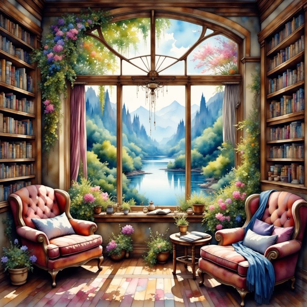 Whimsical Library with Majestic Mountain View