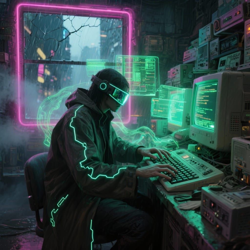 Cyberpunk Net Runner in Neon 1980s City