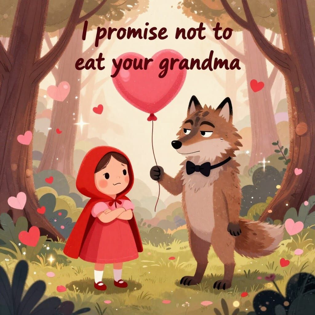 Little Red Riding Hood & Big Bad Wolf Valentine Illustration