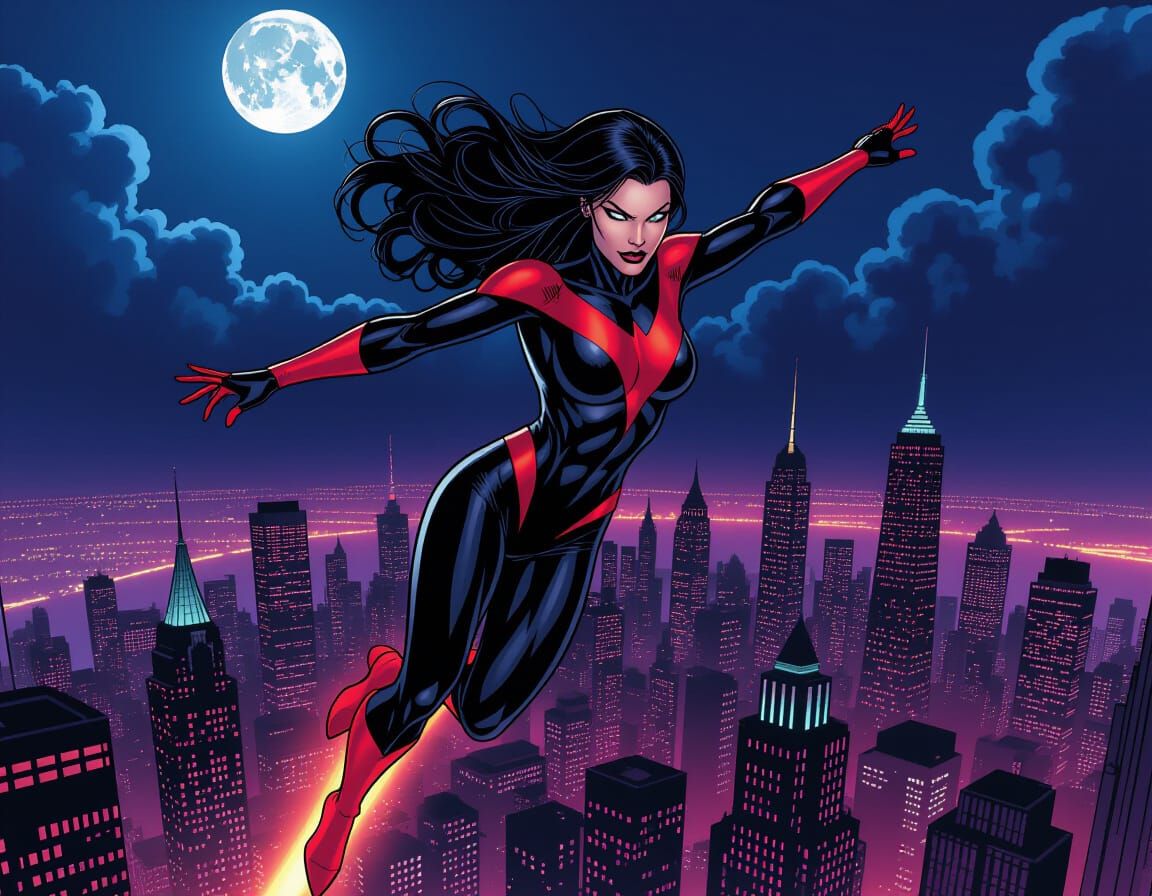 Athletic Supervillain Woman Flies Over Cityscape at Night