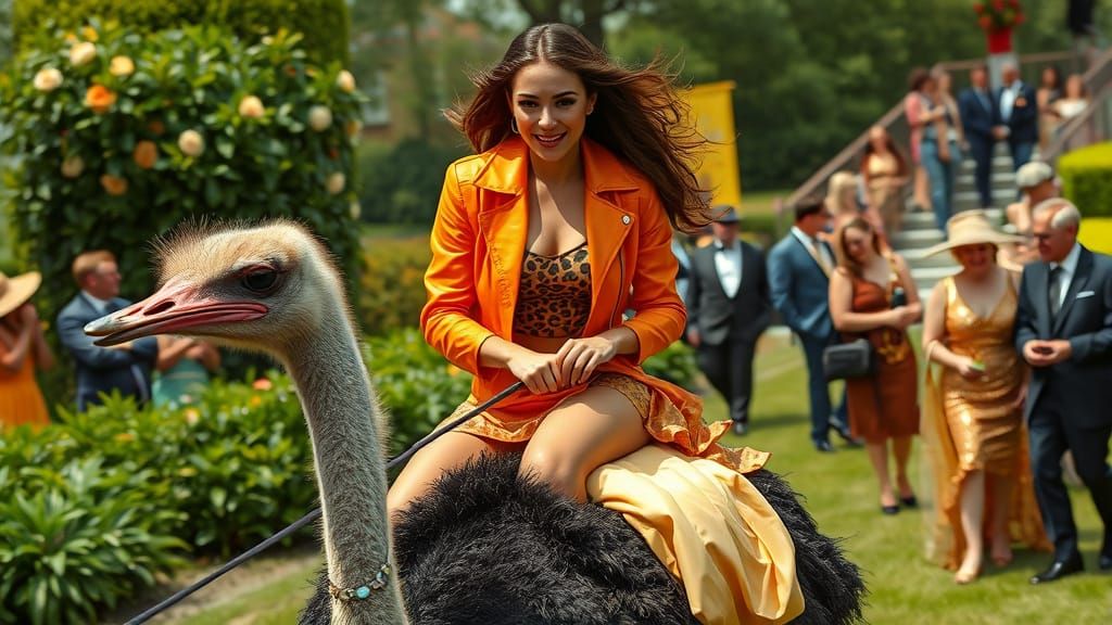 Woman Rides Ostrich in Photorealistic Garden Party