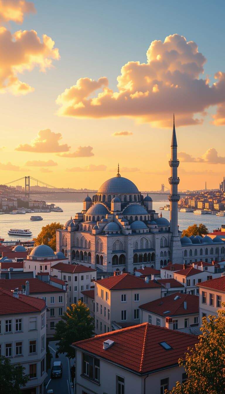 Istanbul Cityscape at Golden Hour: Photorealistic Image