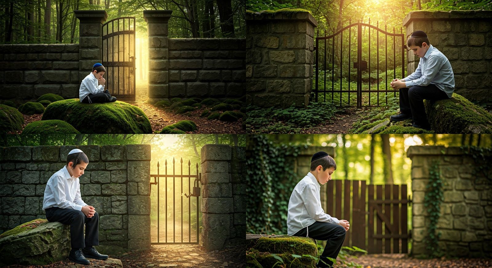 Jewish Boy Prays in Forest with Broken Gate