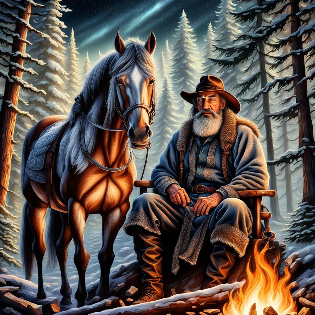 Mystical Woodsman Beside Campfire in Eerie Fantasy