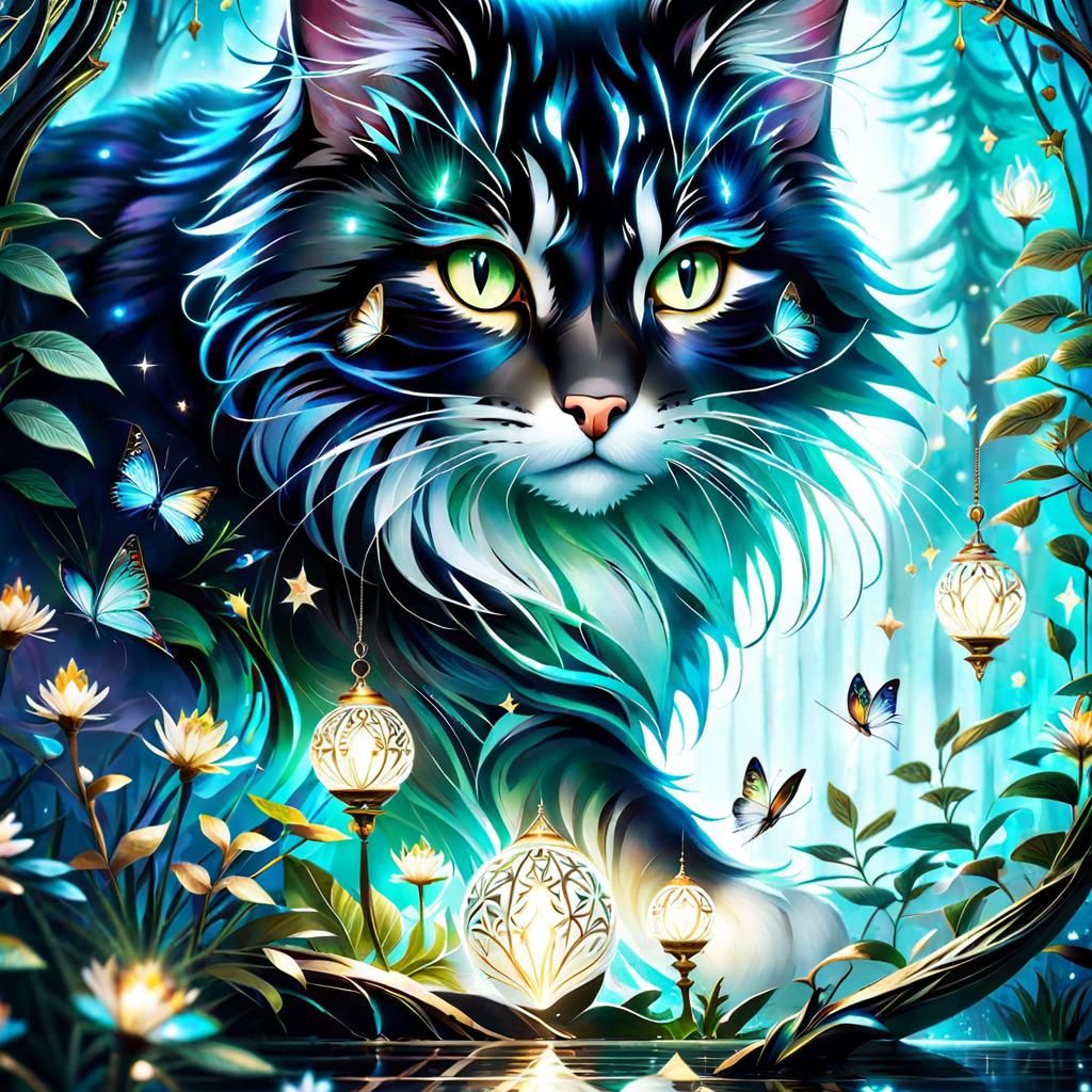 Celestial Filigree Forest Cat in Digital Painting Style