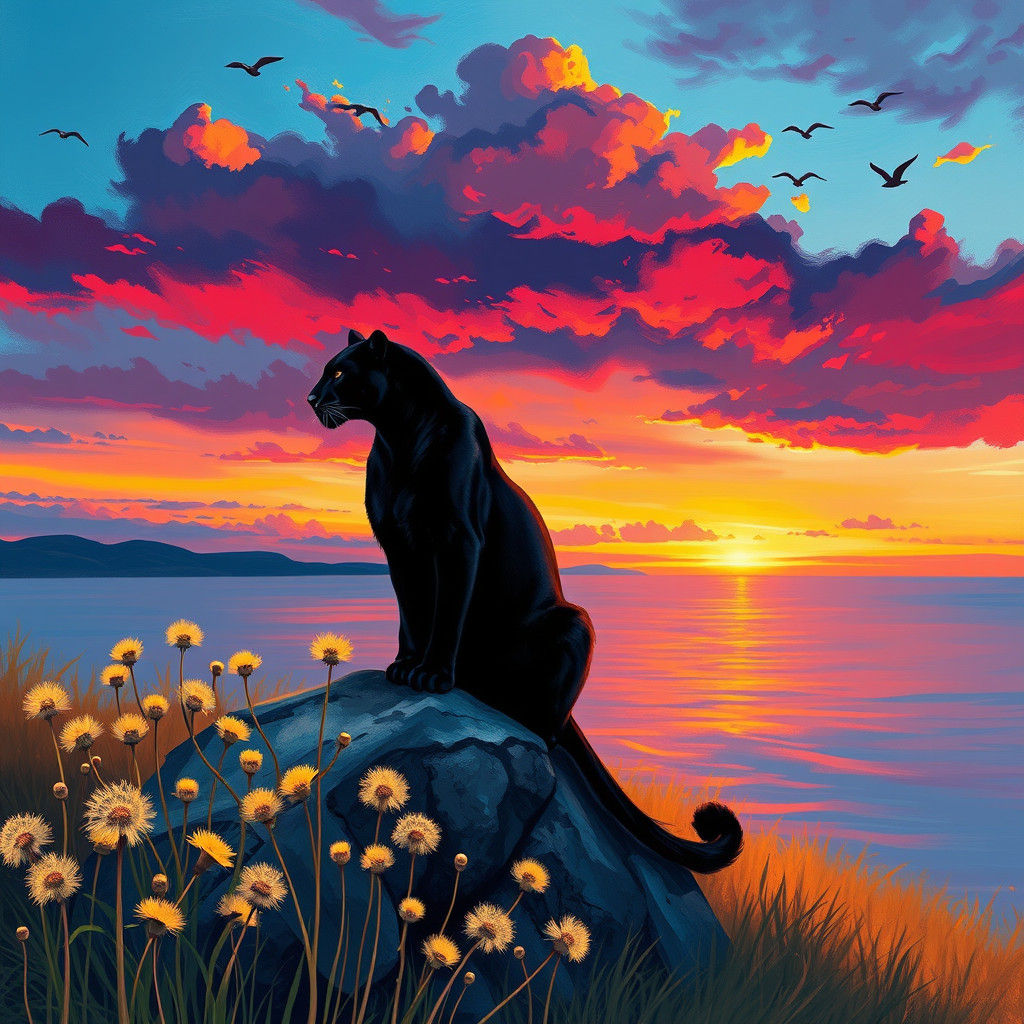 Majestic Black Panther Overlooking Sunset Seascape