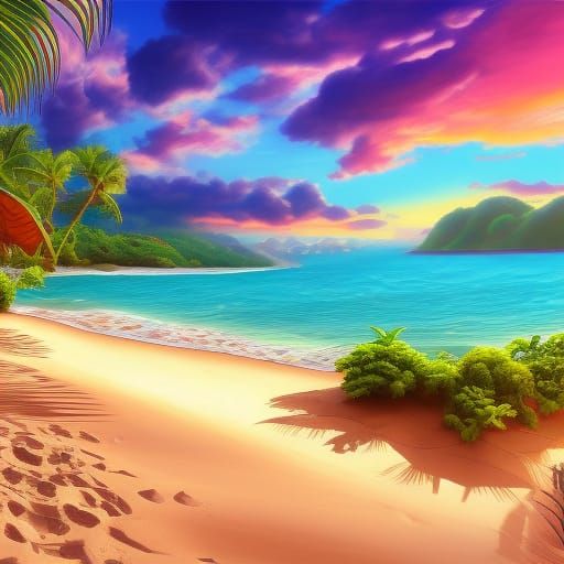 Tropical Beach Sunrise in Hyperdetailed Photorealistic Style