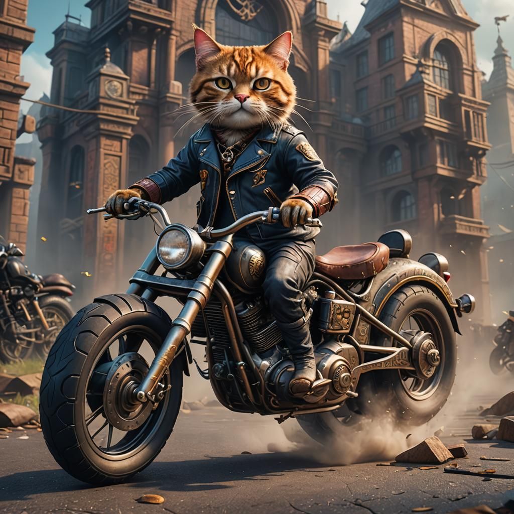 Cat on Chopper Bike in Detailed Matte Painting Style