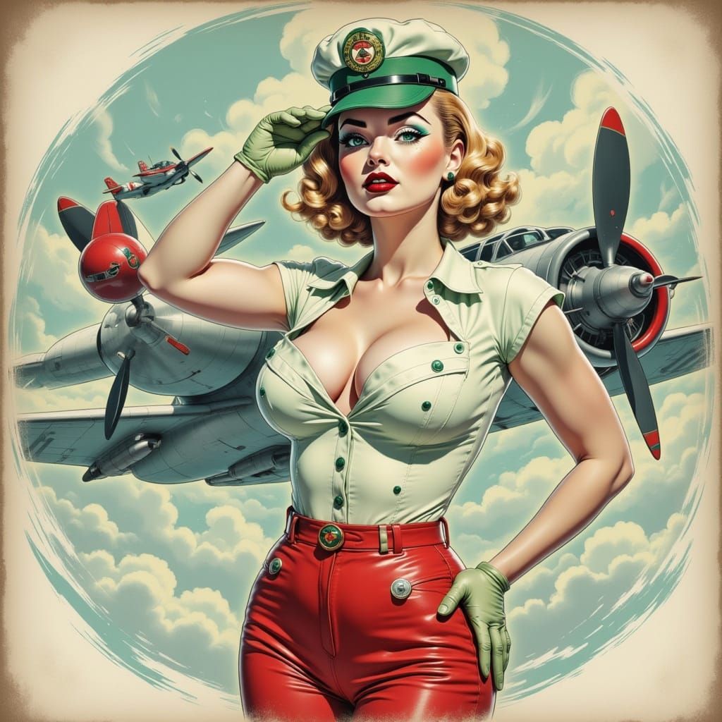 Vintage Aviation Pin-Up Girl in Retro Comic Book Style