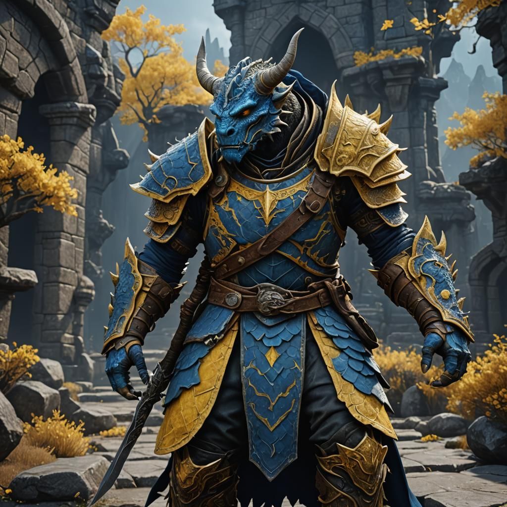 Blue and Yellow Dragonborn Fantasy Concept Art