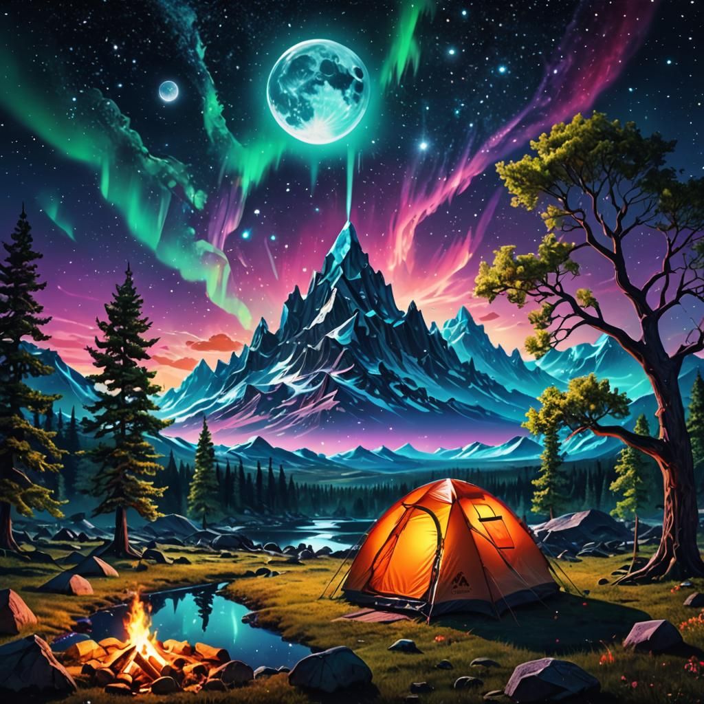 Magical Cosmic Campsite Under Aurora Borealis