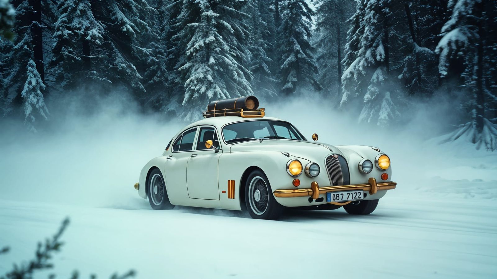 Vintage Steampunk Supercar Speeds Through Snowy Canadian Wil...