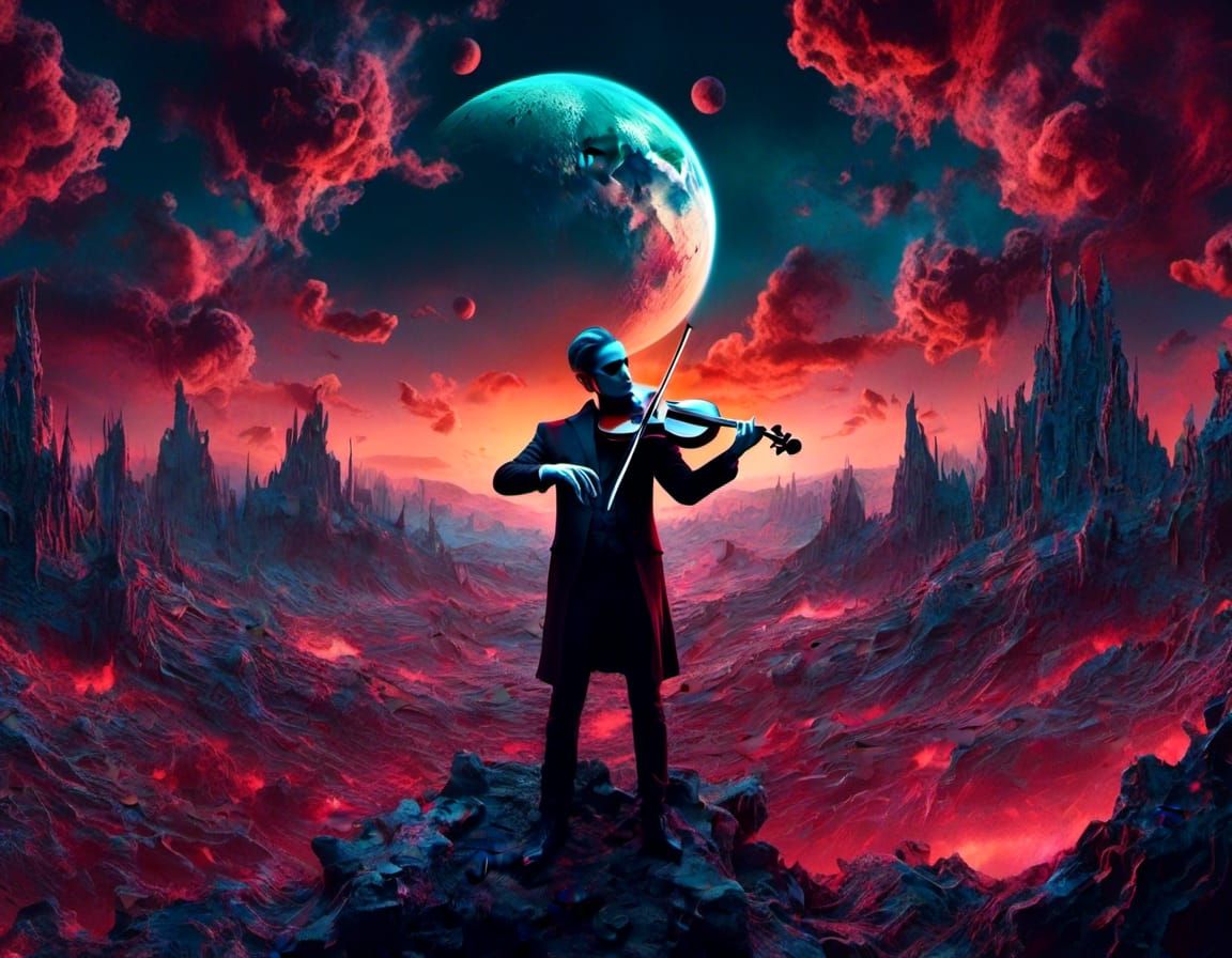 Lonely Violinist Plays on Mandelbulb Moon
