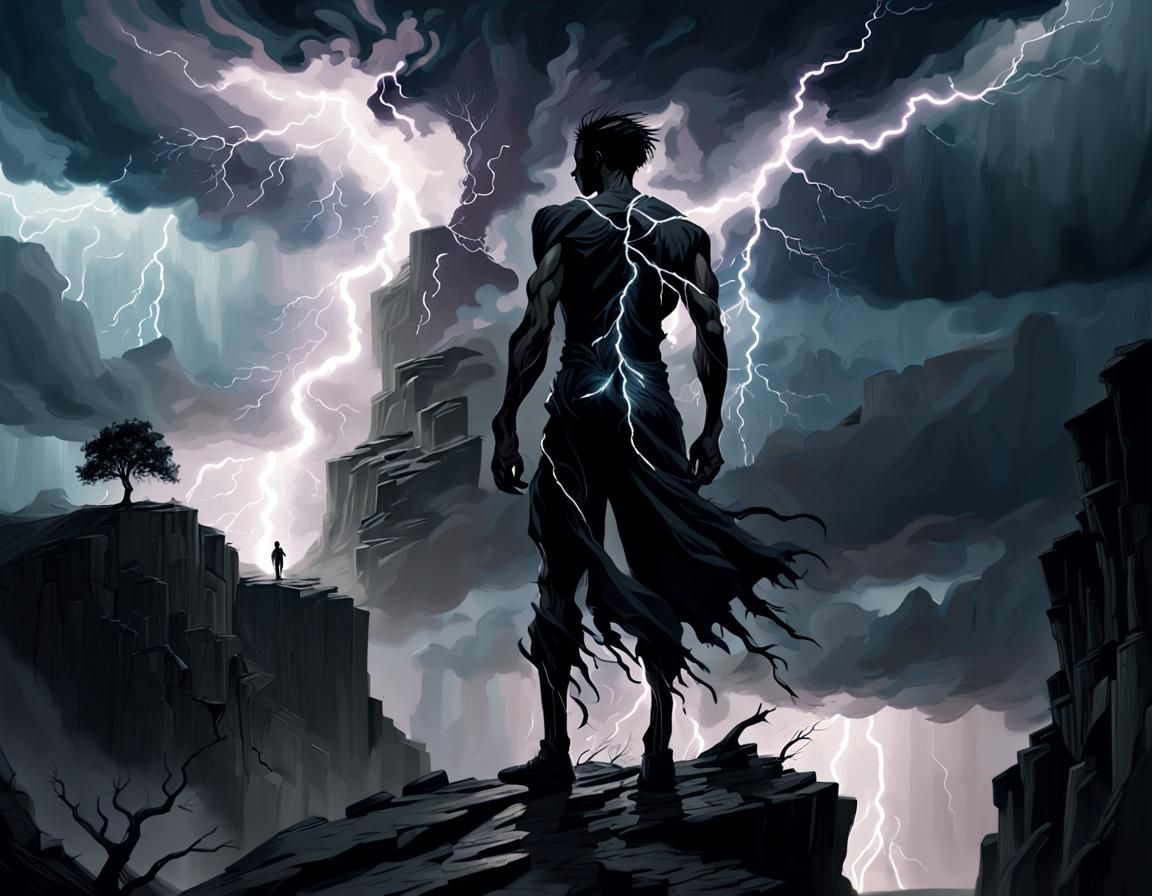 Ominous Figure in Dystopian Storm, Expressive Brushstrokes