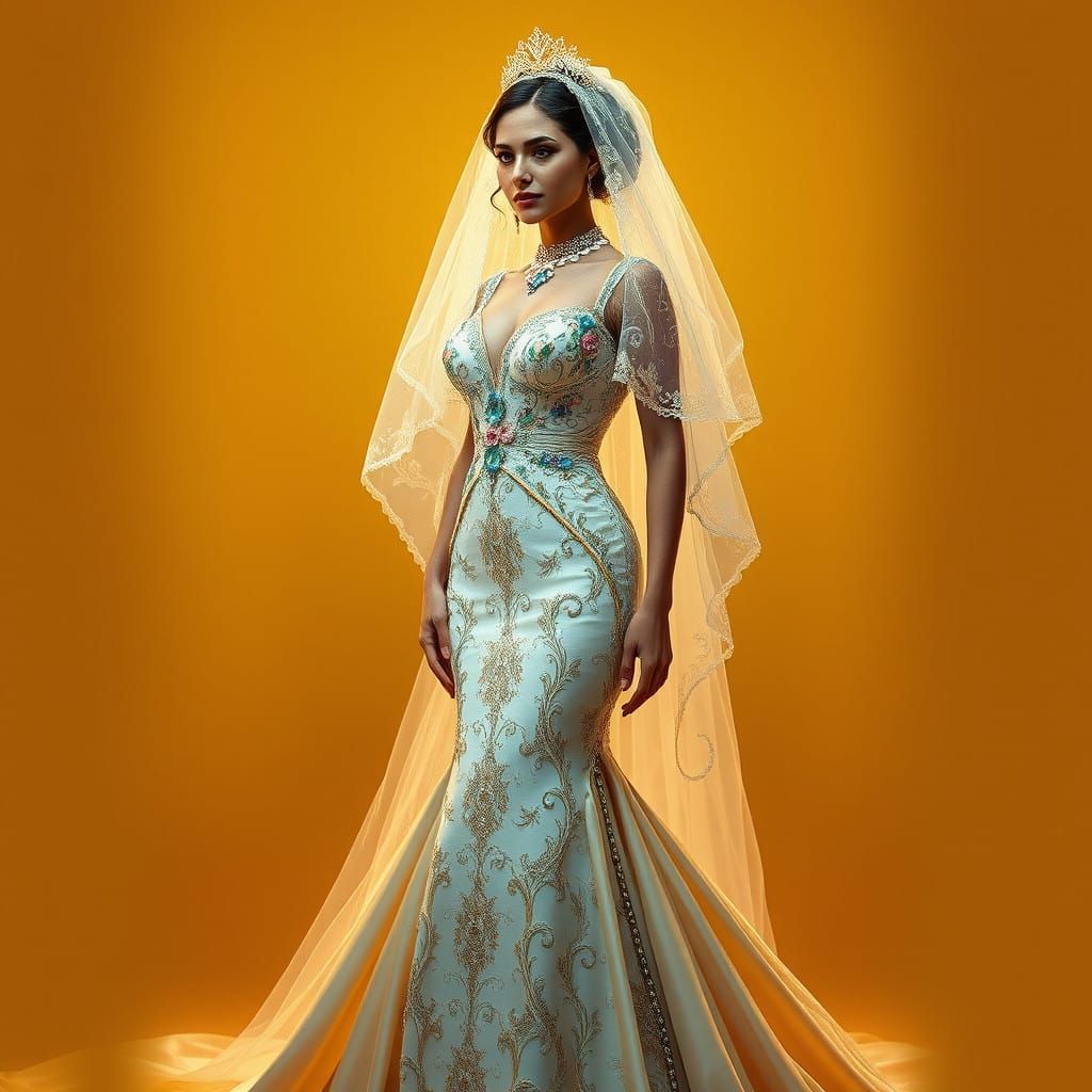 Regal Woman in 1980s Latin American Wedding Gown with Intric...
