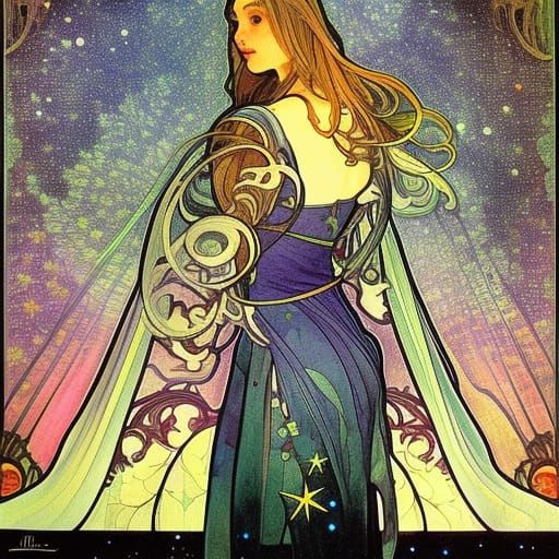 Aurora Borealis Over Village in Watercolor Style