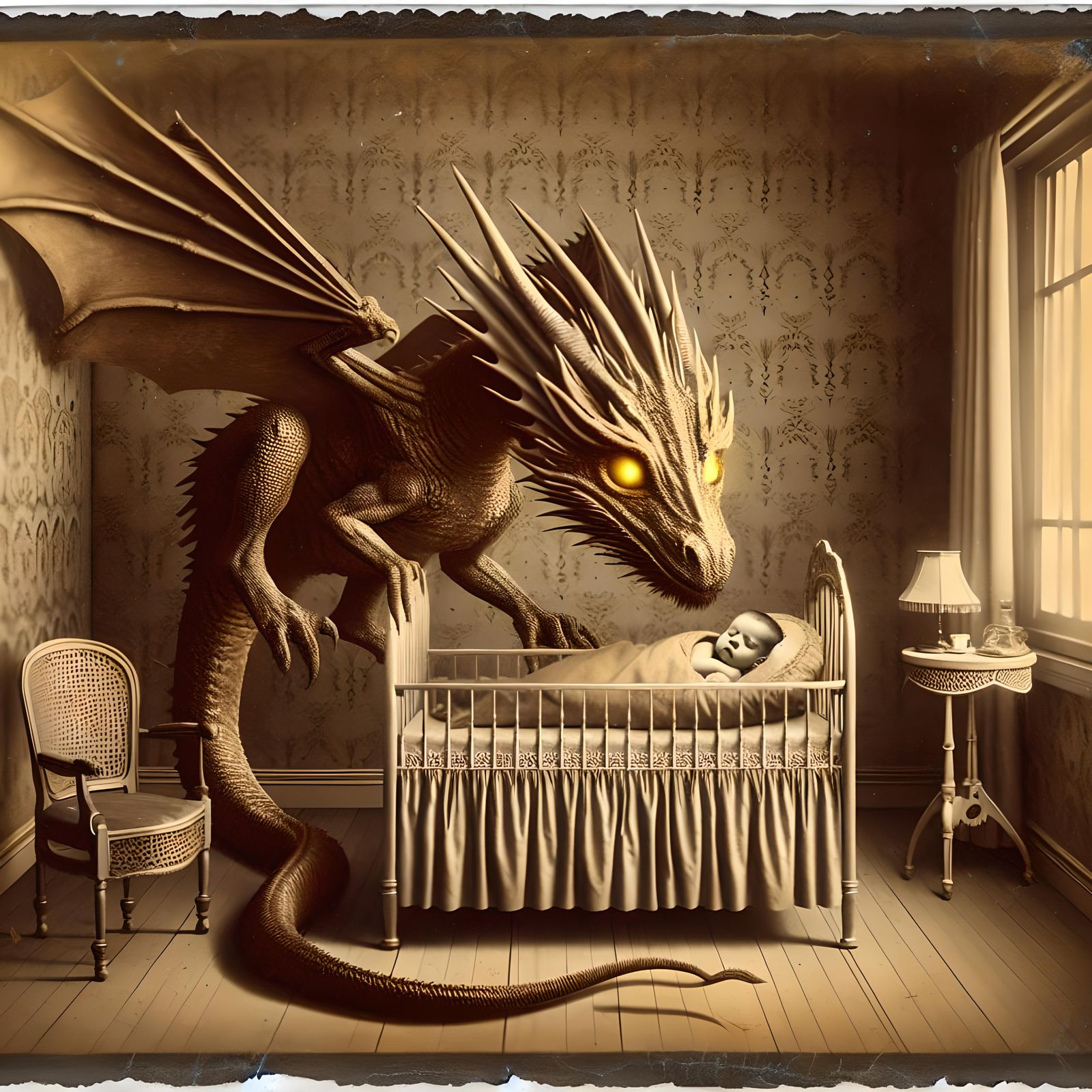 Dragon's Gentle Watch: Sepia-Toned Victorian Nursery