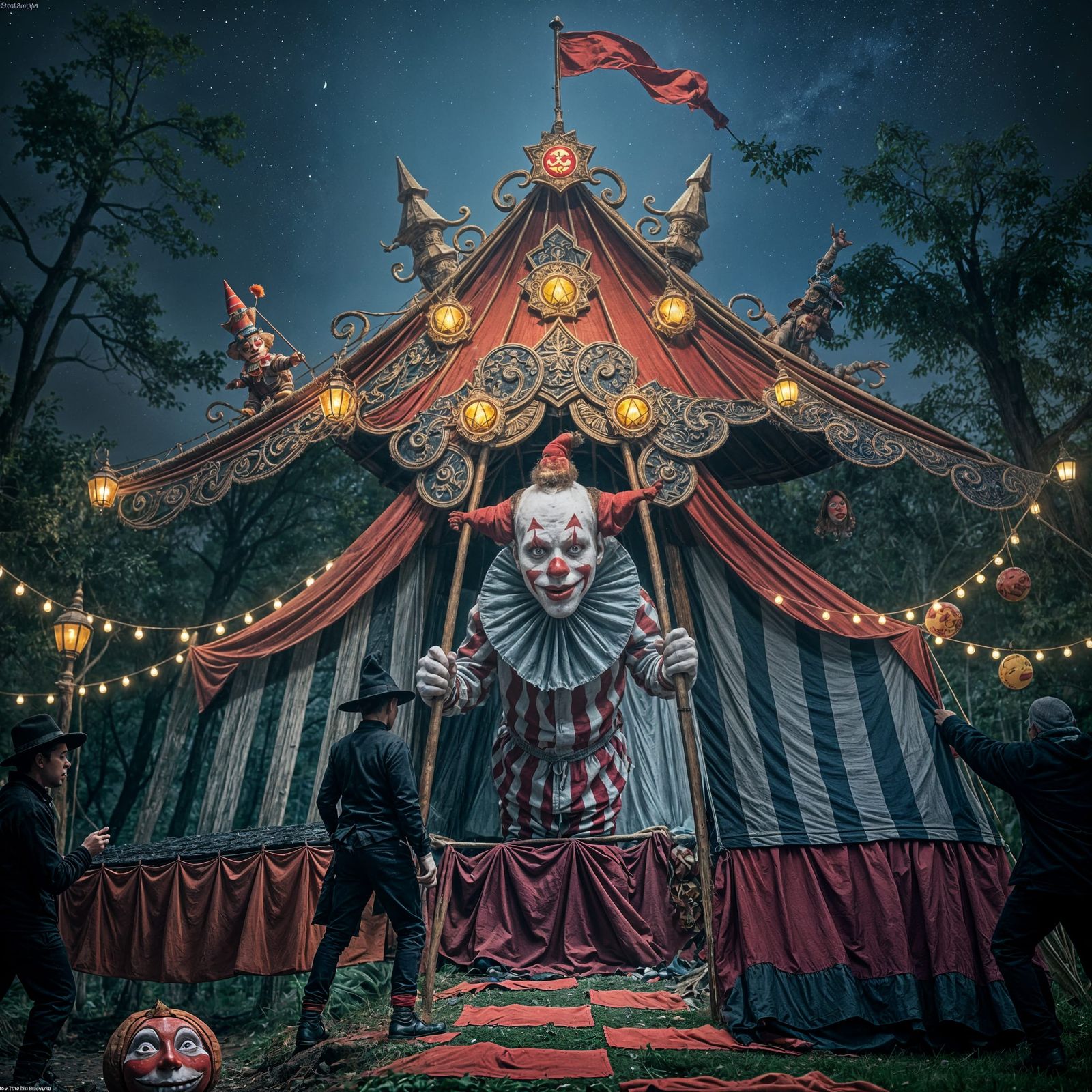 Clown Emerging from a Circus Tent under a Midnight Halloween...