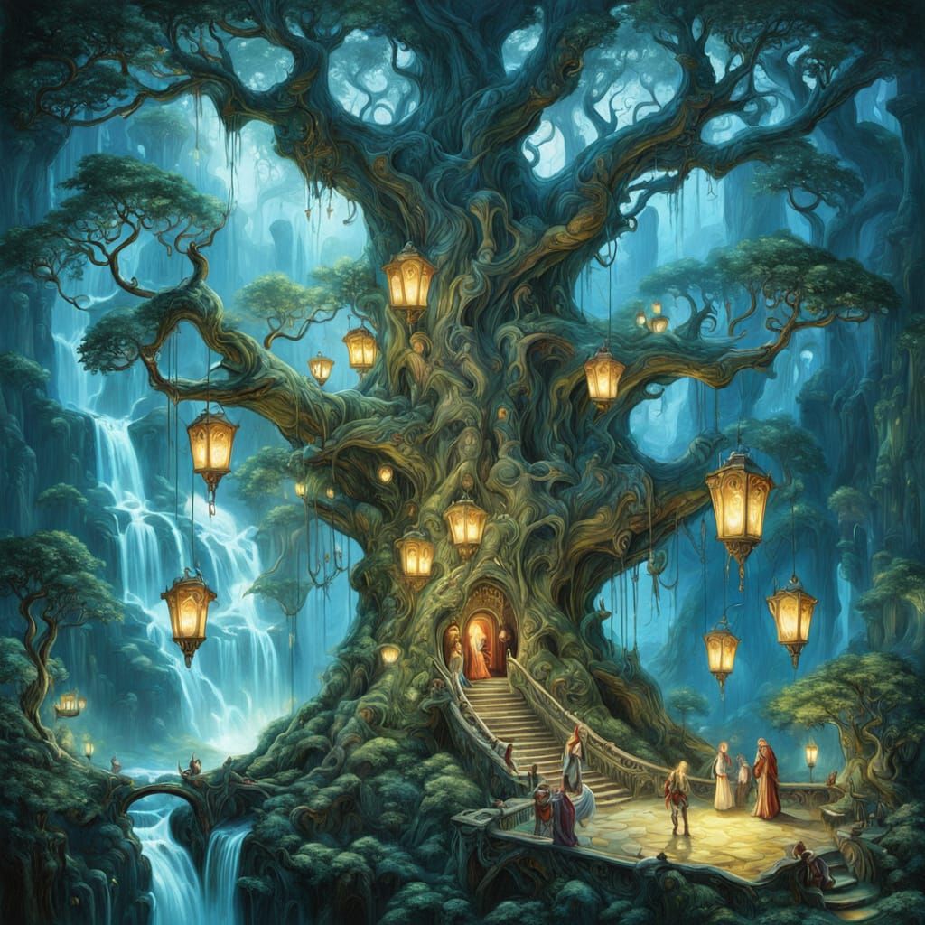 Enchanting Elven City Inside Ancient Tree, Ethereal Oil Pain...