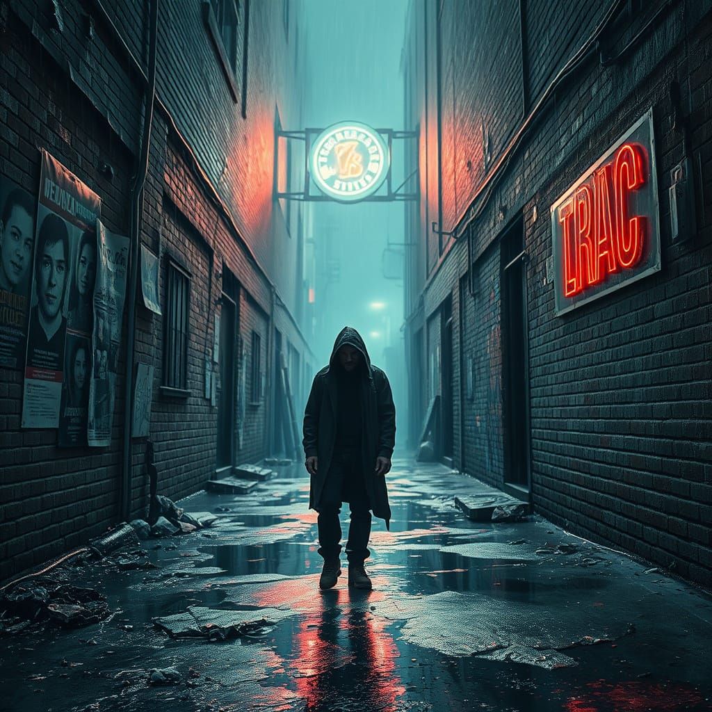 A raw, gritty urban portrait of a lone figure standing in a rain-soaked alleyway,