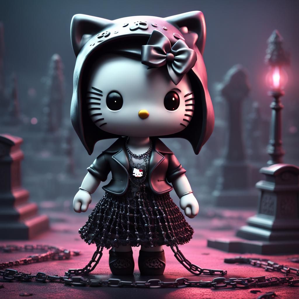 Gloomy Goth Hello Kitty Crying in Graveyard