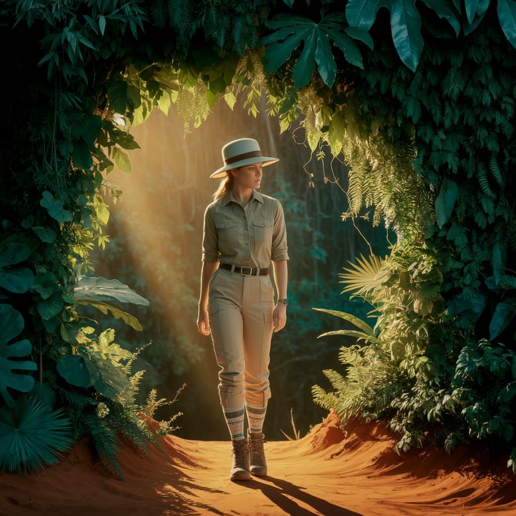 Explorer Woman at Tropical Forest Edge