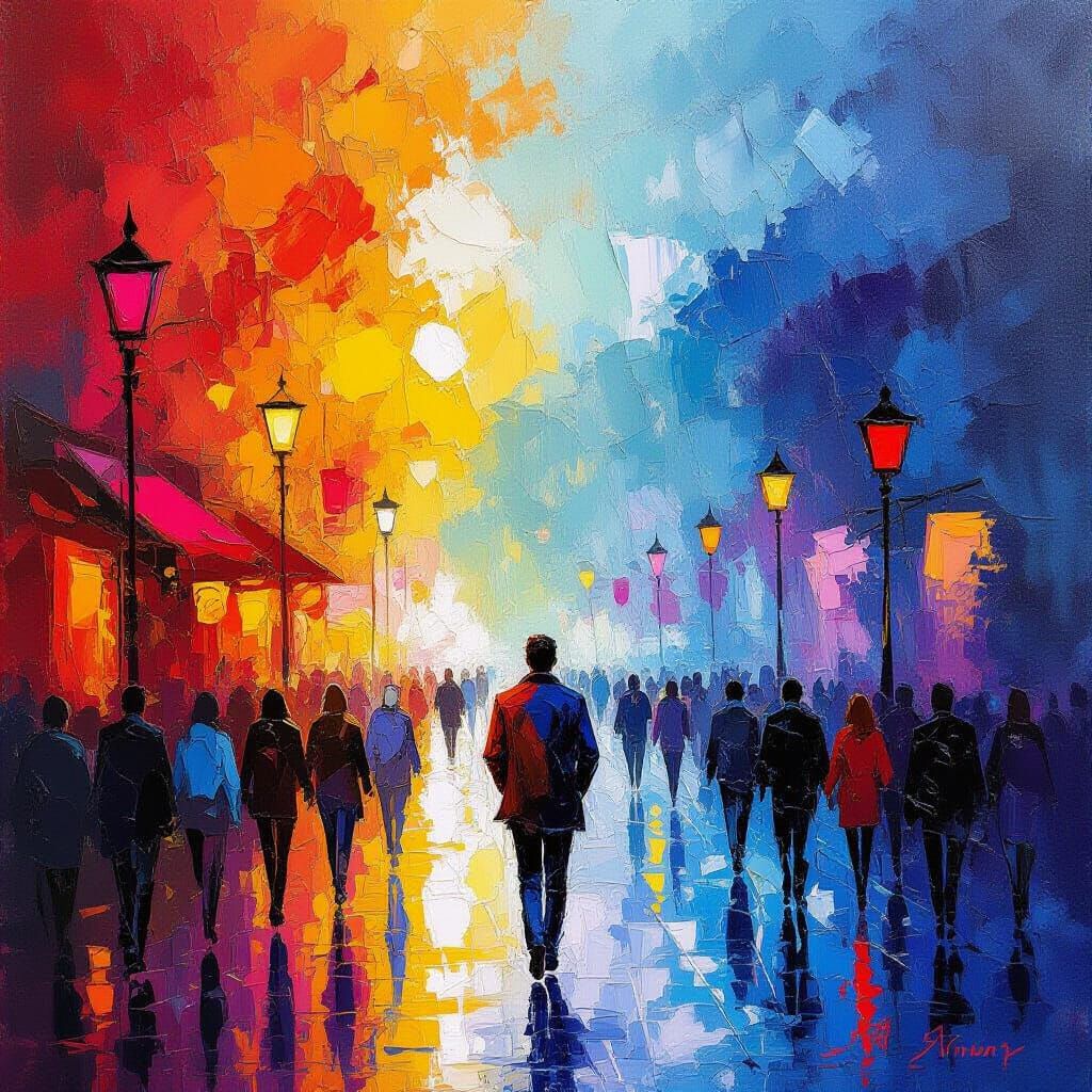 Impasto Gouache Painting of a Figure Leaving a Crowd