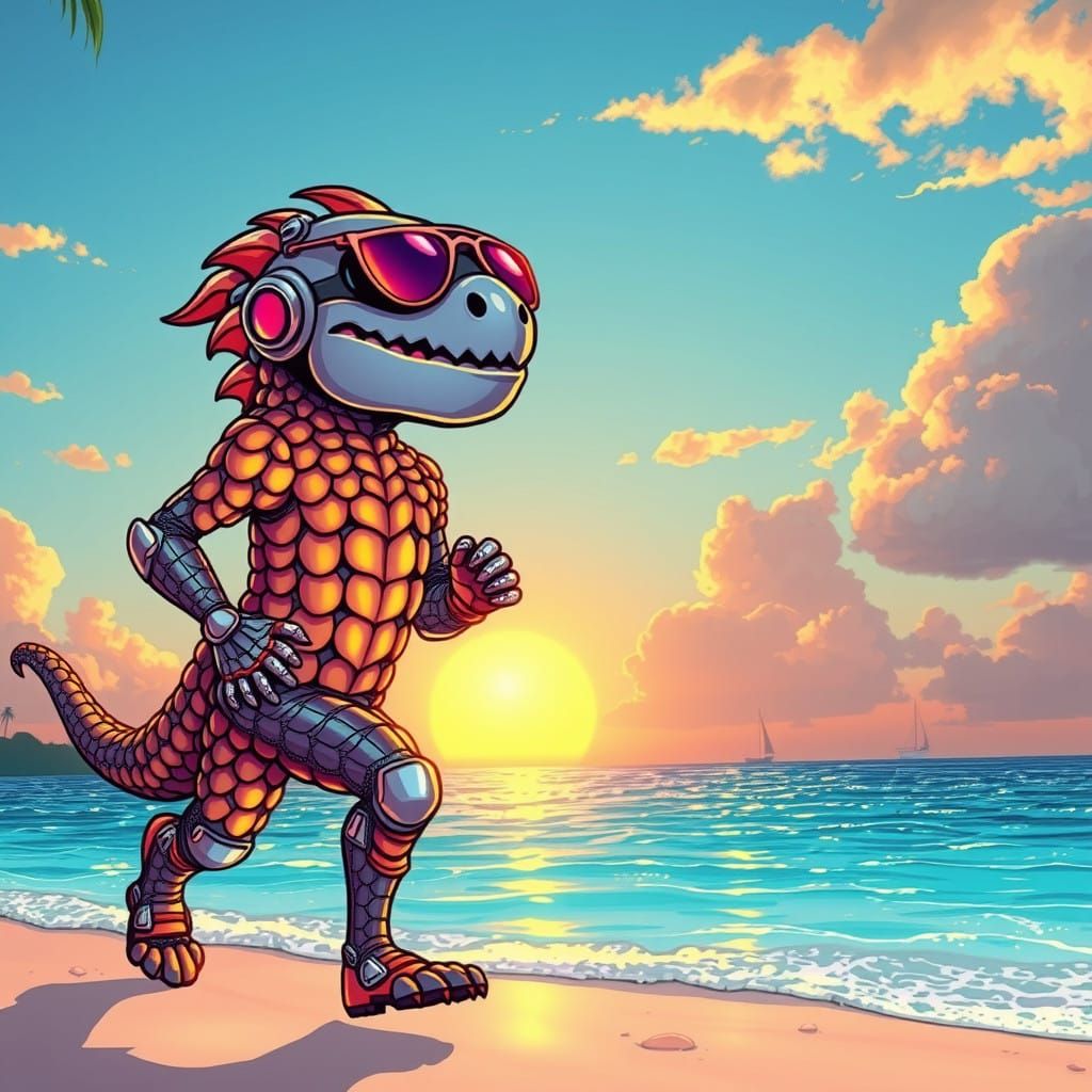 Vibrant Metal Creature Runs Along Bahamas Beach at Sunset