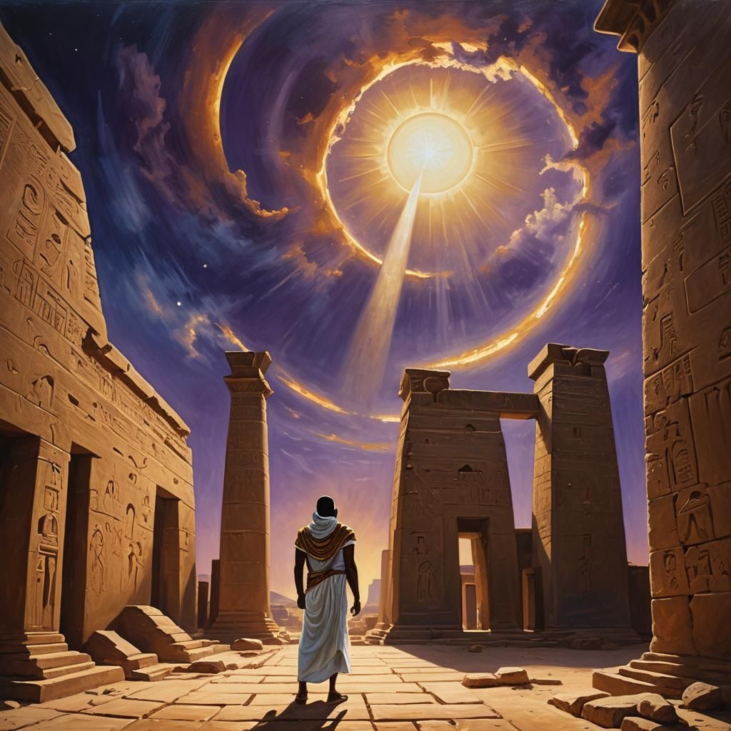 Egyptian Solar Eclipse in Vibrant Oil Painting